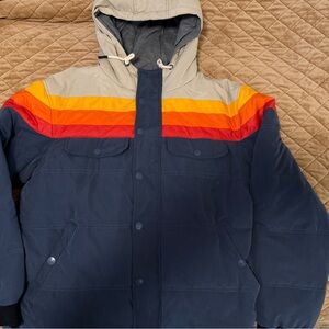 Men's Hooded Colorblock Puffer Jacket in Navy with Sunset Stripes